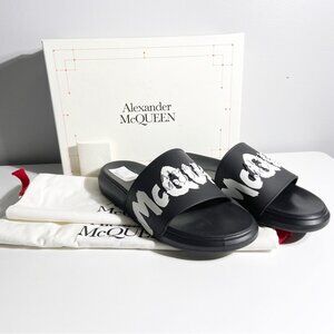 NWT Alexander McQueengraffiti-logo slip-on slides black